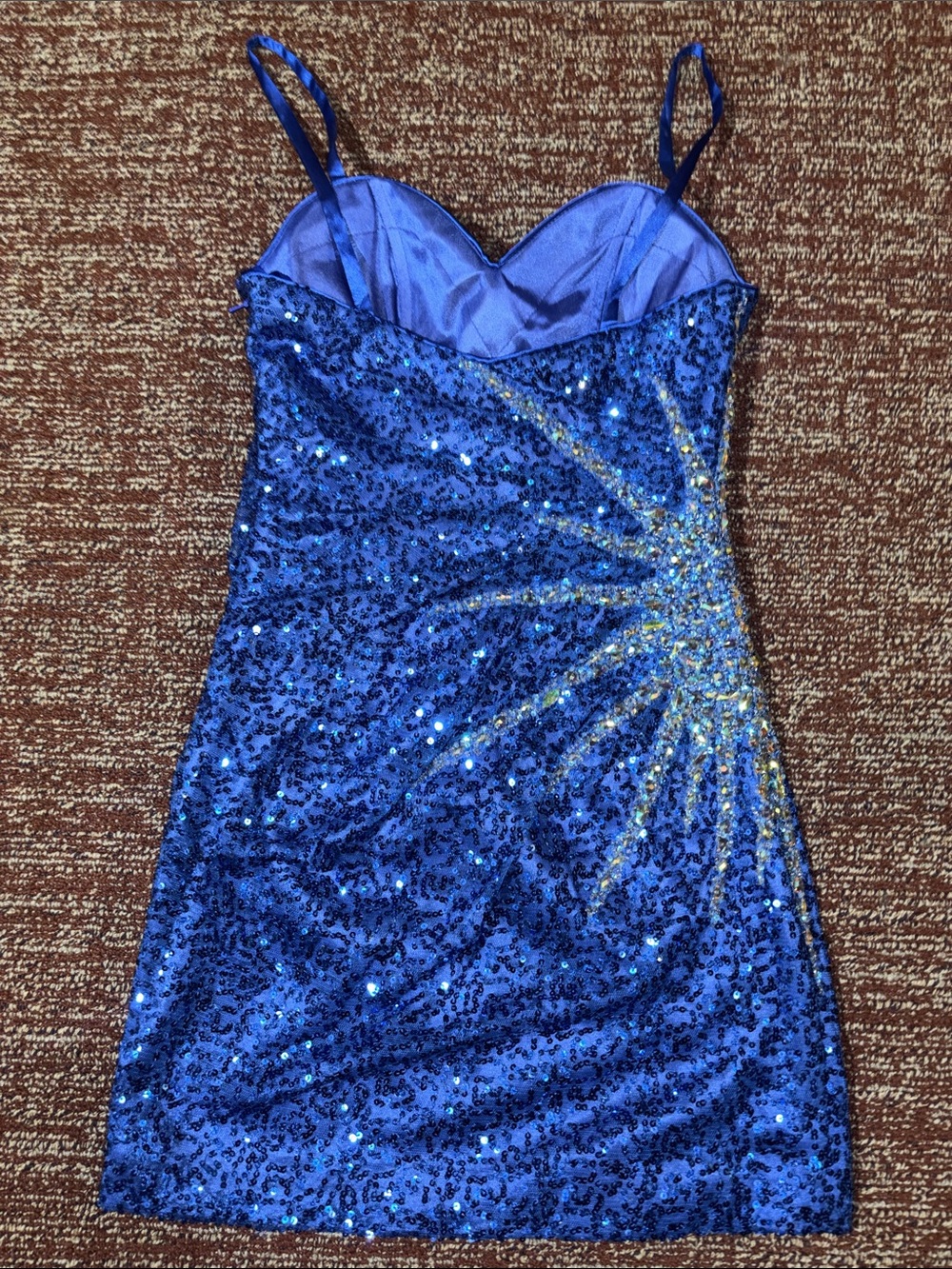 Dave & Johnny sequin mini dress rhinestone side starburst fitted spaghetti strap - Picture 11 of 14